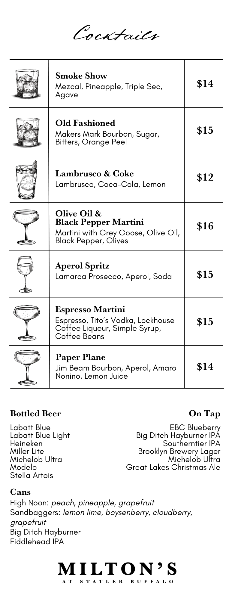 Milton's Cocktail Menu